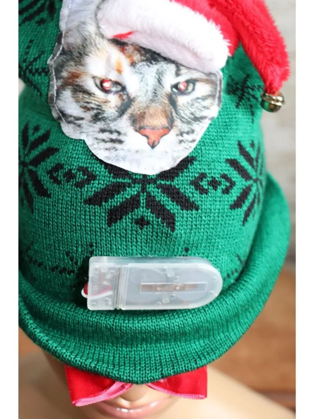 Christmas Cat Beanie With LED Lights & Bow Green Knit